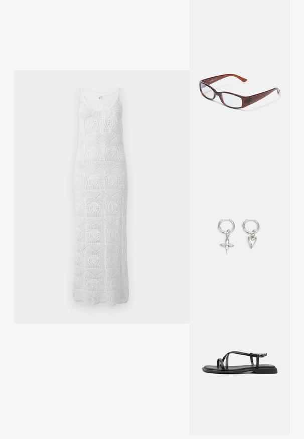 Robe maxi blanche sans manches en crochet avec encolure dégagée et motifs géométriques en dentelle sur toute la surface.; Sandales plates noires avec de fines brides réglables, un entre-doigt rectangulaire et une finition mate texturée. Elles présentent un talon bas légèrement carré.; Lunettes rectangulaires teintées de brun avec une finition brillante, dotées de branches fines et de verres transparents. Logo visible sur la branche gauche.; Boucles d'oreilles en argent en forme de cerceau avec un charme croix et cœur. Texture lisse et brillante avec une finition polie. Chaque charmepend d'une boucle sécurisée.