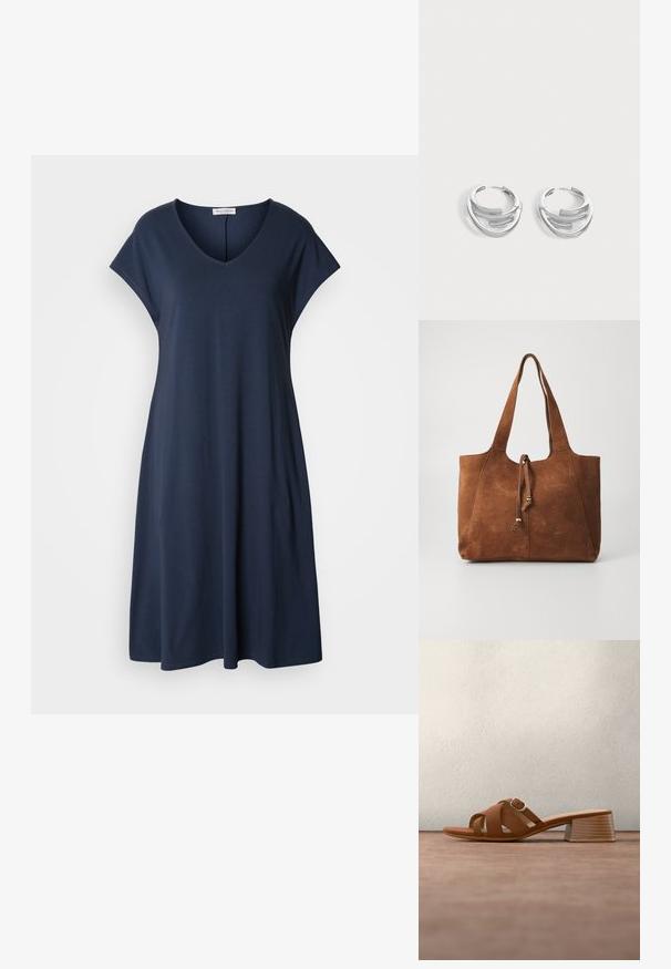 Vestido azul marino de manga corta con escote en V y corte relajado. Fabricado con material suave, presenta una silueta fluida y acentos mínimos.; Mule de cuero marrón con punta abierta, tacón ancho y tiras cruzadas, sobre un suelo gris y un fondo oscuro desenfocado.; Bolso tote de ante marrón con dos asas largas, cierre de cordón y textura suave. Presenta un diseño sencillo y acentos mínimos.; Par de pendientes de aro plateados pulidos con diseño de barra curva en capas sobre un fondo claro y liso.