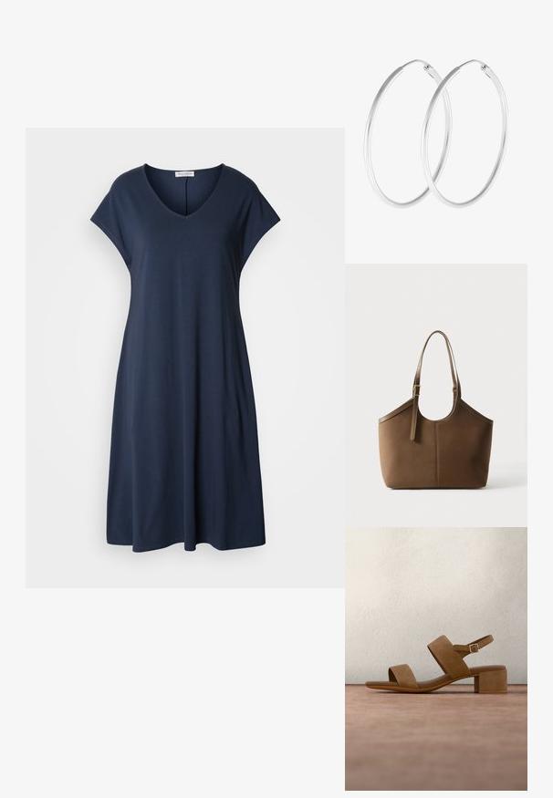 Vestido azul marino de manga corta con escote en V y corte relajado. Fabricado con material suave, presenta una silueta fluida y acentos mínimos.; Sandalia de ante marrón con abertura en la punta, tira con hebilla y tacón ancho flotando sobre una superficie gris, fondo verde oscuro desenfocado.; Bolso tote de cuero marrón con correa de hombro ajustable y hebilla dorada, textura suave, presentado sobre un fondo blanco liso.; Pendientes de aro en tono plateado con forma redonda y un acabado pulido. Ambos pendientes son del mismo tamaño y cuentan con un mecanismo de cierre seguro.