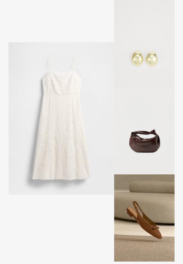 Vestido blanco hasta la rodilla con tirantes finos, bordado floral y detalles recortados. Confeccionado con tela ligera y una silueta fluida.; Zapato plano marrón de ante con tiras en el talón, pequeño lazo en la puntera y hebilla dorada, mostrado sobre fondo de sofá y alfombra beige.; Bolso de hombro de cuero marrón oscuro con una forma suave y caída, y un asa con nudo torcido sobre un fondo blanco liso.; Pendientes de metal en tono dorado, con forma suave y redondeada y acabado pulido. Diseño sencillo sin adornos adicionales.