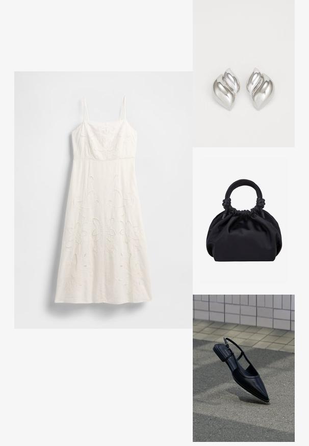 Vestido blanco hasta la rodilla con tirantes finos, bordado floral y detalles recortados. Confeccionado con tela ligera y una silueta fluida.; Zapato plano negro de punta puntiaguda con tiras traseras flotando sobre una superficie de asfalto junto a una acera con baldosas.; Bolso de mano de tela negra suave con parte superior fruncida y asas acolchadas circulares atadas con nudos a cada lado.; Pendientes de plata con una forma orgánica y abstracta. Superficie lisa y brillante con un diseño cónico. Presentan suaves curvas y un detalle de línea central.