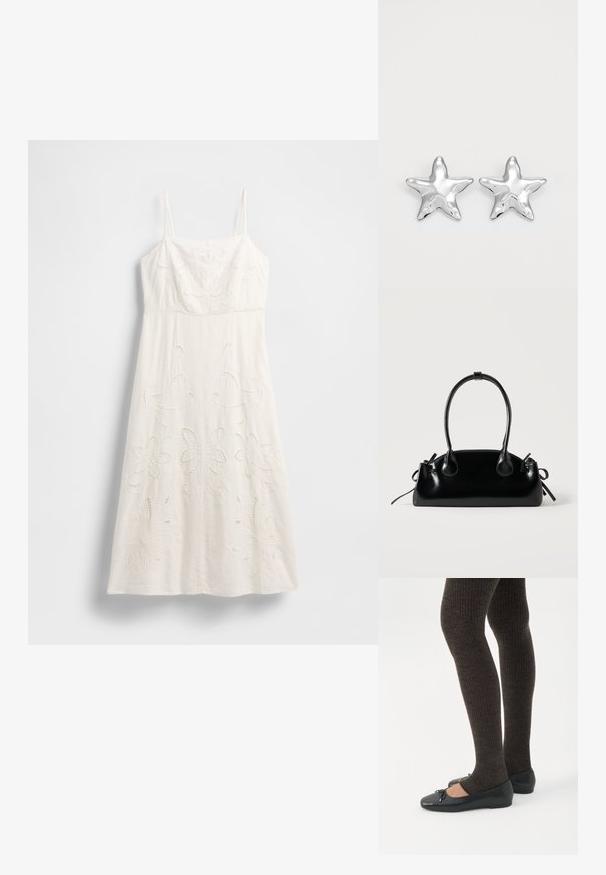 Witte jurk tot op de knie met dunne bandjes, bloemrijke borduursels en opengewerkte details. Gemaakt van lichtgewicht stof met een vloeiende silhouet.; Benen met donkere geribbelde leggings gecombineerd met zwarte ballerina's met kleine strikdetails op een witte achtergrond.; Kleine zwarte glanzende handtas met twee lange hengsels en zijkant trekkoord details op een effen lichte achtergrond.; Zilveren stervormige oorbellen met een gepolijste, glanzende afwerking. Elke oorbel heeft vijf punten en subtiele textuurdetails op het oppervlak.