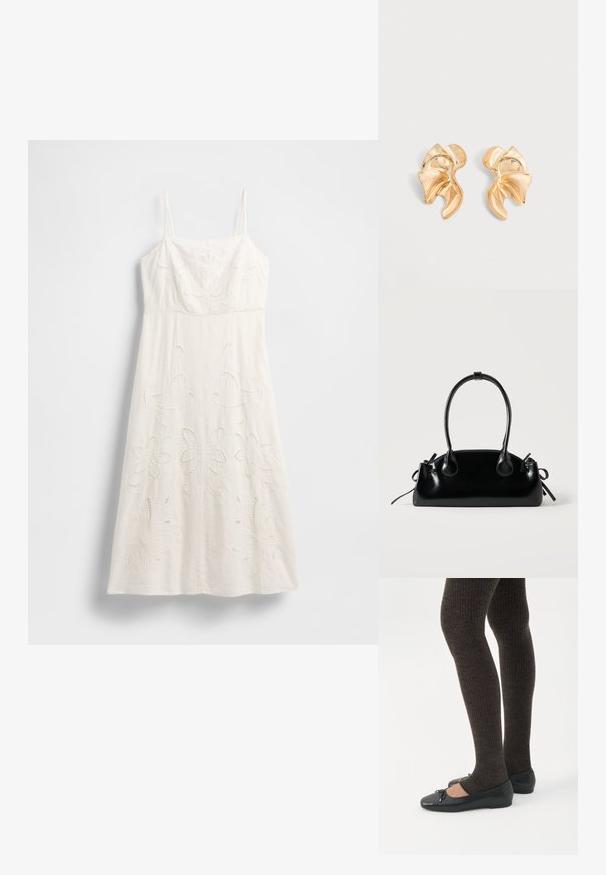 Robe blanche longueur genou avec fines bretelles, broderies florales et détails découpés. Confectionnée dans un tissu léger avec une silhouette fluide.; Jambes portant des leggings côtelés foncés associés à des ballerines noires avec de petits détails en nœud sur fond blanc.; Petit sac à main noir brillant avec deux longues anses et des détails à cordon sur les côtés sur un fond clair uni.; Paire de boucles d'oreilles en métal doré brillant de forme abstraite avec un design courbé et froncé sur fond gris clair.
