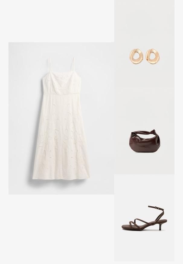 Robe blanche longueur genou avec fines bretelles, broderies florales et détails découpés. Confectionnée dans un tissu léger avec une silhouette fluide.; Sandale marron à talons hauts avec fines lanières croisées et bride de cheville avec boucle argentée sur fond blanc.; Sac bandoulière en cuir marron foncé avec une forme souple et décontractée et une anse nouée torsadée sur un fond blanc uni.; Paired boucles d'oreilles en métal doré poli de forme irrégulière avec un centre ouvert sur un fond blanc uni.