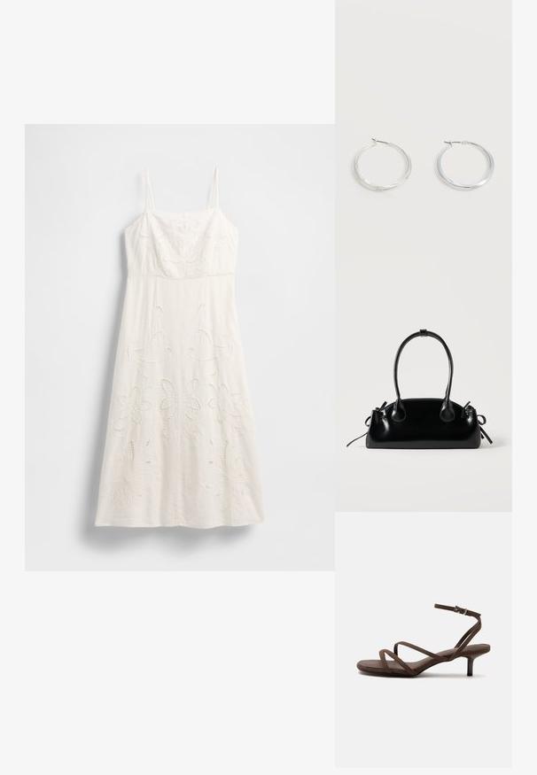Vestido blanco hasta la rodilla con tirantes finos, bordado floral y detalles recortados. Confeccionado con tela ligera y una silueta fluida.; Sandalia marrón de tacón alto con tiras finas cruzadas y una correa en el tobillo con una hebilla plateada sobre un fondo blanco.; Pequeño bolso negro brillante con dos asas largas y detalles de cordón lateral sobre un fondo claro liso.; Pendientes de aro de metal plateado con superficie lisa y ligeramente curvada y cierre de tipo mosquetón sobre un fondo blanco liso.