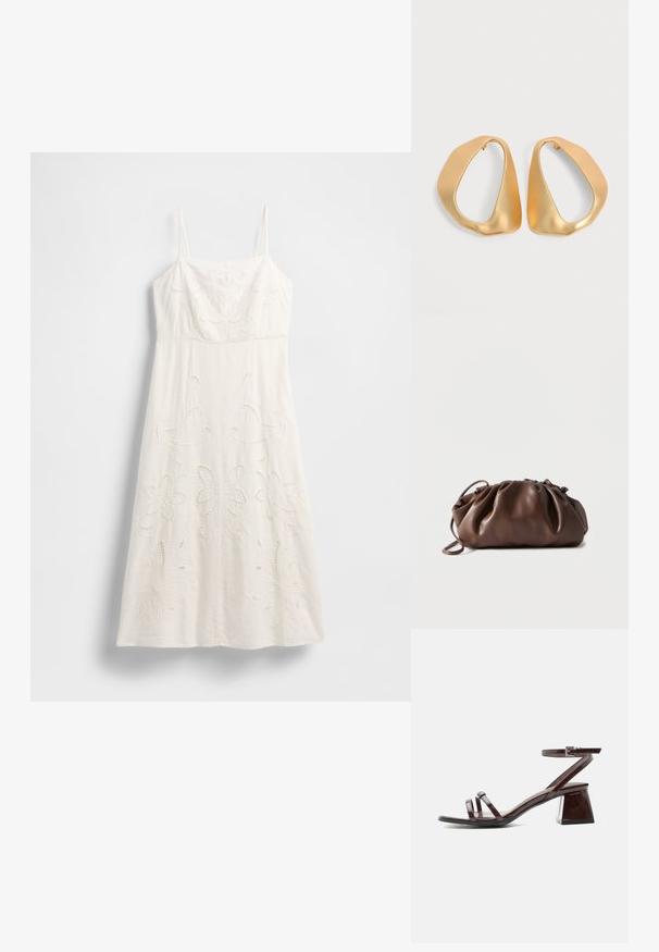 Vestido blanco hasta la rodilla con tirantes finos, bordado floral y detalles recortados. Confeccionado con tela ligera y una silueta fluida.; Sandalia de charol marrón oscuro con tacón bloque, tira en el tobillo con hebilla y dos tiras finas sobre los dedos, sobre fondo blanco.; Bolso tipo bolsa de cuero marrón suave con parte superior fruncida y asa delgada, apoyado sobre un fondo blanco.; Par de pendientes de aro dorados irregulares y asimétricos con acabado suave y mate sobre fondo neutro.
