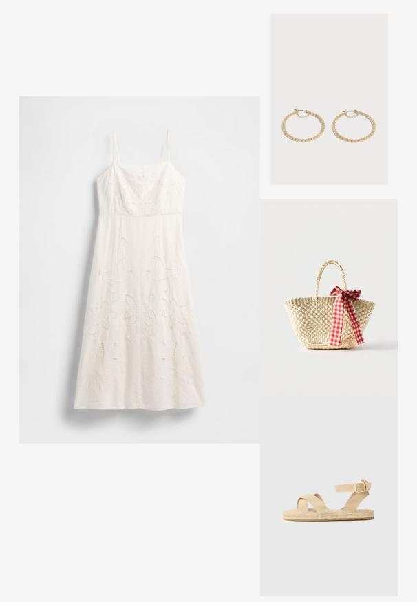 Robe blanche longueur genou avec fines bretelles, broderies florales et détails découpés. Confectionnée dans un tissu léger avec une silhouette fluide.; Des sandales espadrilles tan avec une semelle en jute tissée, deux sangles croisées et une sangle de cheville ajustable avec une boucle dorée.; Sac cabas en paille tissée avec des poignées tressées et un ruban à carreaux rouge et blanc noué en un nœud d'un côté.; Paire de boucles d'oreilles créoles en or de taille moyenne avec un design texturé et perlé sur un fond clair uni.