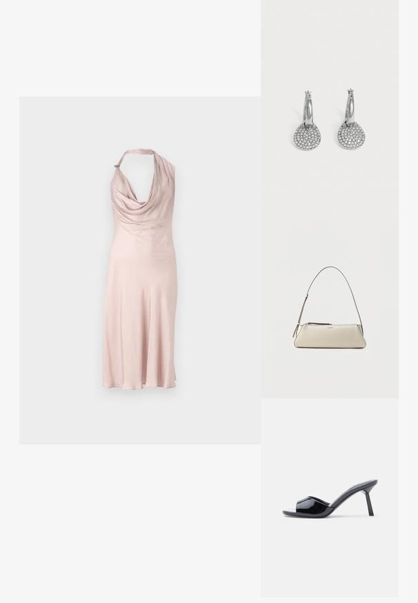 Vestido sin mangas de color rosa con un escote drapeado, tela suave y un pequeño acento en el cuello, que cae en un dobladillo acampanado.; Sandalias de tacón con punta abierta de charol negro, con un diseño superior curvado y tacón de aguja cónico. Acabado liso y brillante.; Pequeño bolso de hombro de cuero beige con una correa fina y cierre de cremallera, con un logo metálico discreto en el centro del frente.; Pendientes de aro plateados con colgantes redondos y planos incrustados con pequeños cristales transparentes sobre un fondo claro y liso.
