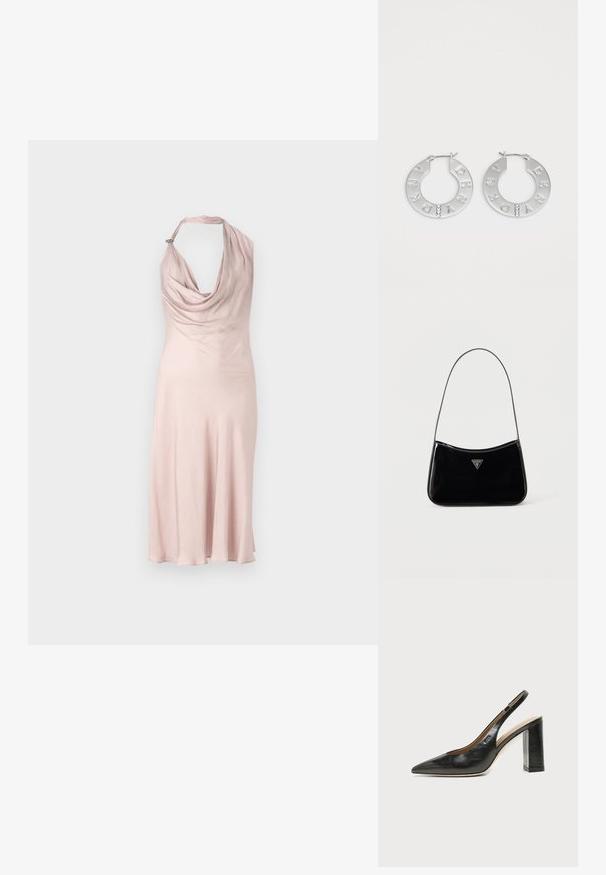 Ærmeløs lyserød kjole med draperet cowl-halsudskæring, glat materiale og en lille accent ved halsen, der falder til en flæset kant.; Sort læder peep-toe slingback sko med høj blokhæl og beige indvendig foring mod en ensfarvet lys baggrund.; Sort skuldertaske i laklæder med tynd rem, trekantet Guess-logo foran og lynlåslukning i toppen.; Sølv hoops øreringe med indgraverede bogstaver "DKNY," og tre klare ædelstene, der fremhæver designet. Cirkulær form med glansfuld finish.