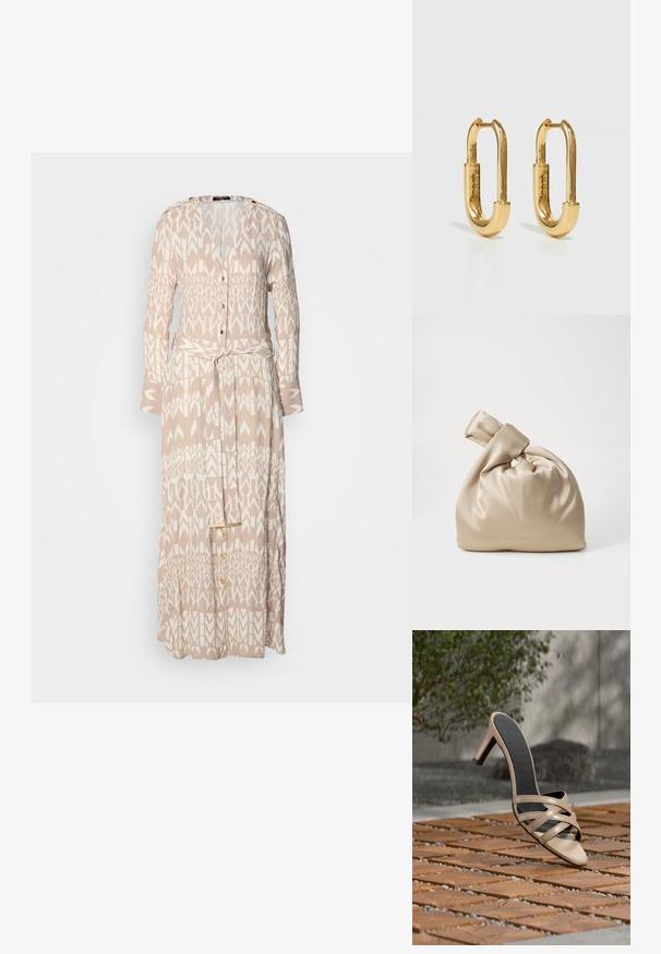 Largo vestido beige con un patrón geométrico blanco, parte delantera con botones, mangas largas y un cinturón de la misma tela en la cintura.; Sandalia beige de tacón alto con tiras cruzadas flotando sobre un suelo de baldosas de madera, con vegetación y una pared gris al fondo.; Bolso de satén beige con parte superior anudada, que presenta una textura suave y lisa y una forma redondeada, diseñado para ser simple y elegante.; Pendientes de aro de metal dorado con una forma ovalada alargada, que presentan una superficie lisa y pulida, y una pequeña bisagra para el enganche.