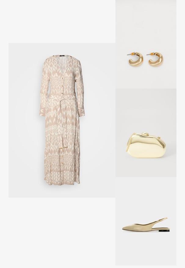Largo vestido beige con un patrón geométrico blanco, parte delantera con botones, mangas largas y un cinturón de la misma tela en la cintura.; Zapato plano beige con puntera puntiaguda, diseño slingback, tacón bajo negro y acabado en cuero liso, mostrado de perfil sobre un fondo liso.; Clutch metálico dorado con una forma suave y redondeada, que presenta un cierre de botón en la parte superior y una pequeña correa de cadena para llevar.; Dos pendientes de aro dorados brillantes en un diseño curvado, con acentos naranjas cerca del poste, sobre un fondo blanco liso.