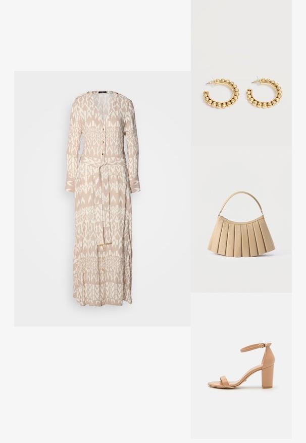 Largo vestido beige con un patrón geométrico blanco, parte delantera con botones, mangas largas y un cinturón de la misma tela en la cintura.; Stuart Weitzman NEARLY - Sandalias - nude; Bolso beige plisado con cremallera superior curva y asa arqueada única, exhibido sobre un fondo blanco.; Par de pendientes de aro en tono dorado con detalles de cuentas redondeadas a lo largo del borde exterior sobre un fondo claro.