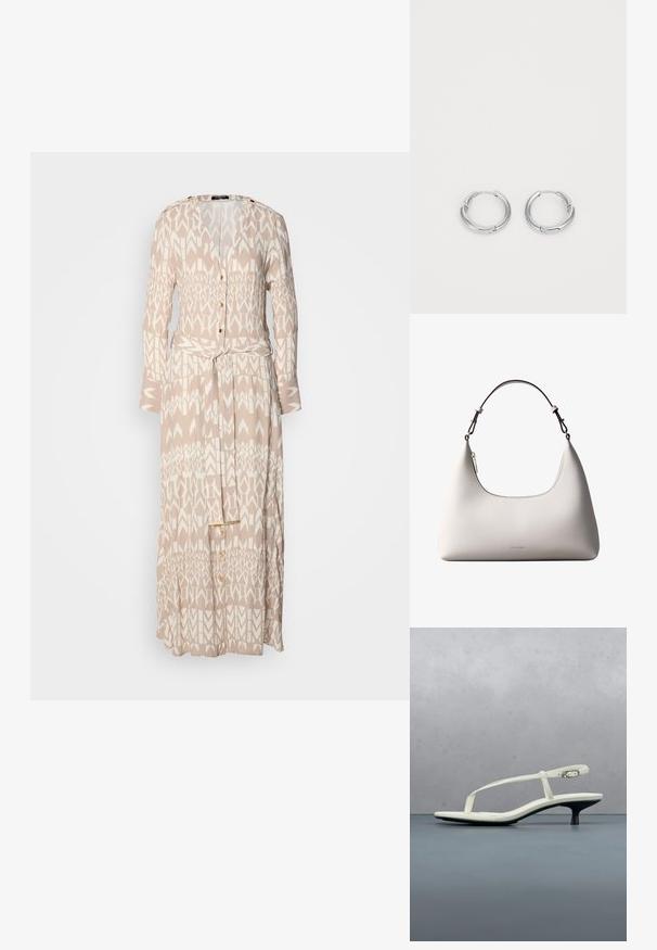 Largo vestido beige con un patrón geométrico blanco, parte delantera con botones, mangas largas y un cinturón de la misma tela en la cintura.; Sandalia blanca de tacón kitten con tiras y punta afilada, flotando sobre un suelo de baldosas de madera al aire libre, con un fondo desenfocado de plantas y pared.; Bolso de hombro de cuero color crema de Calvin Klein con borde superior curvado, cremallera plateada y correa ajustable marrón oscuro.; Aros de plata en forma de aro con un acabado suave y pulido. Forma circular con un pequeño detalle de broche para el cierre. Diseño minimalista, livianos.