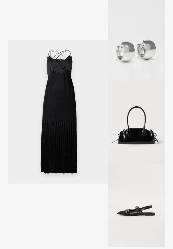 Sort maxikjole med plisseret tekstur. Har en dyb V-udskæring og krydsede spaghetti-stropper. Blødt silkeblankt stof med et flydende design.; Even&Odd by Zalando Slingback-ballerinasko - black; Lille sort blank håndtaske med to lange håndtag og snøre-detaljer i siden på en ensfarvet lys baggrund.; Uncommon Matters SCULPTURAL LARGE CREOLE - Øreringe - silver-coloured