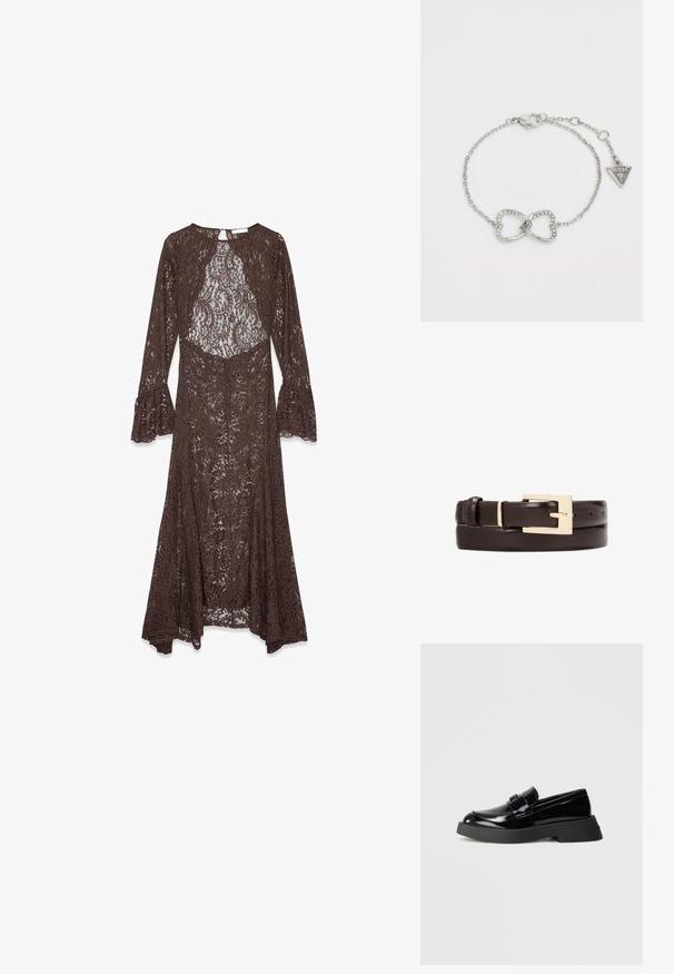 Largo vestido de encaje marrón con mangas acampanadas, escote redondo y un patrón floral transparente a lo largo de la tela.; Mocasines de charol negro con punta redondeada, una banda frontal prominente y suela de plataforma negra y gruesa. Textura suave y diseño minimalista.; Pulsera de plata con un símbolo de infinito adornado con cristales transparentes, unida a una fina cadena con un cierre y una etiqueta triangular.; Cinturón de cuero marrón con un acabado brillante, que presenta una hebilla rectangular de metal dorado. Incluye múltiples agujeros para ajustes de tamaño.