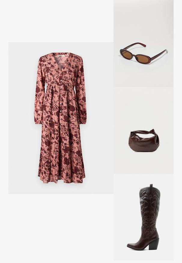 Rotes Blumendruckkleid mit langen Ärmeln, V-Ausschnitt, gerafftem Taillenbereich, Knopfleiste und mehrlagigem Rock, der rote und dunkelgrüne Akzente aufweist.; Hoher dunkelbrauner Leder-Cowboystiefel mit gestickten dekorativen Mustern, spitzer Spitze und gestapeltem Blockabsatz.; Runde, braun getönte Sonnenbrillen mit einem glänzenden burgunderfarbenen Rahmen. Schlanke Bügel mit dezentem Branding. Flaches Linsendesign.; Dunkelbraune Lederschultertasche mit weicher, lockerer Form und einem gedrehten Knotengriff vor schlichtem weißem Hintergrund.