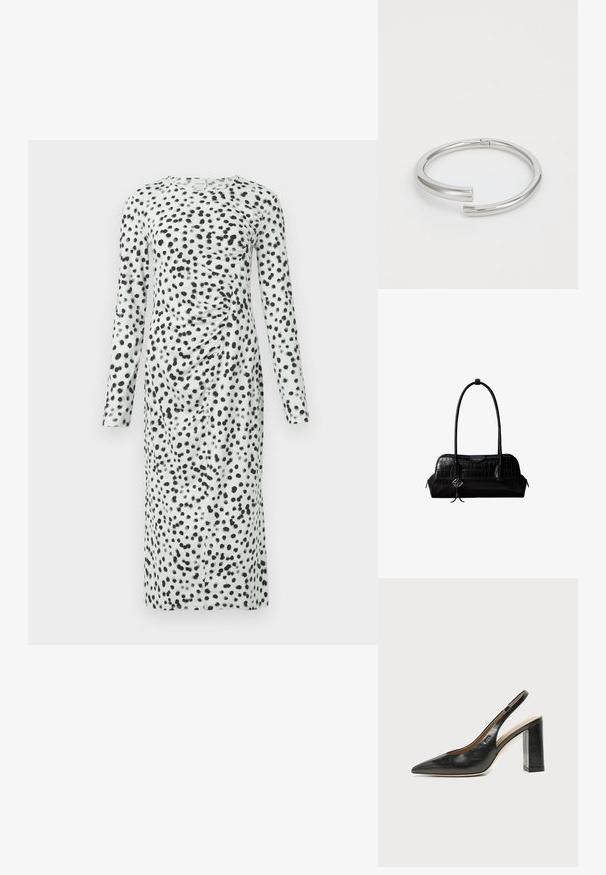 Robe à manches longues présentant une base vert clair avec des motifs à pois noirs. Le tissu est plissé d'un côté, créant de la texture et un intérêt visuel.; Chaussure slingback en cuir noir à bout pointu avec un talon bloc haut et une doublure intérieure beige sur un fond clair uni.; Sac à épaule en cuir noir à texture crocodile, avec de longues sangles et un petit charm logo argenté sur une sangle.; Calvin Klein SPIRAL - Bracelet - silver-coloured