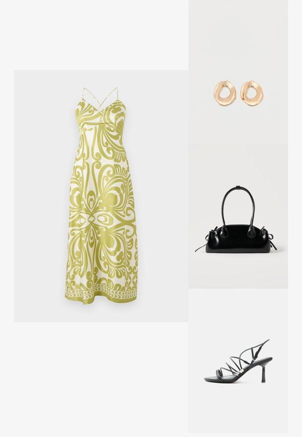 Maxi-jurk in lichtgeel met ingewikkeld donkergeel paisleypatroon, verstelbare spaghettibanden en een vloeiende silhouette.; Zwarte high-heel sandaal met dunne gebogen bandjes, zilveren accenten en een verstelbare enkelgesp op een witte achtergrond.; Kleine zwarte glanzende handtas met twee lange hengsels en zijkant trekkoord details op een effen lichte achtergrond.; Set van onregelmatig gevormde, gepolijste hoepel oorbellen van goudkleurig metaal met een open midden op een effen witte achtergrond.