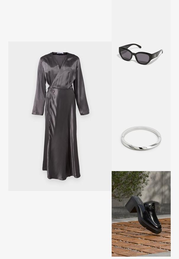 Lange, omsluttende kjole i mørkegrå satin med lange ærmer, bindebånd i taljen og en let udvidet nederdel for en flydende silhuet.; Sort læder Calvin Klein slip-on mule med blokhæl, der hviler på trætøj udendørs nær en grøn plante og en grå væg.; Sorte solbriller med et strømlinet, vinklet design, mørke linser og et kontrasterende sølvlogo på siden. Glat plastoverflade.; Stålmetalarmbånd med en glat, skinnende overflade og flade kanter. Har et åbent cirkulært design med en subtil låse detalje.