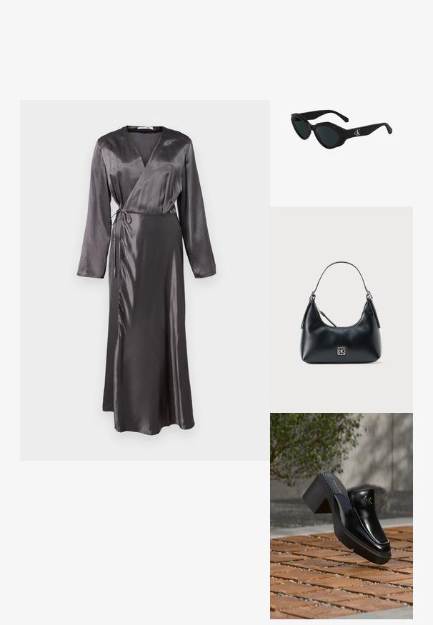 Lange, wikkelstijl jurk van donkergrijze satin, met lange mouwen, een strikceintuur en een licht uitlopende zoom voor een vloeiende silhouet.; Zwarte leren Calvin Klein slip-on mule met blokhak rustend op houten tegels buiten, vlak bij een groene plant en een grijze muur.; Zwarte cat-eye zonnebril met een glanzende afwerking, donkere lenzen en een "cK" logo op de poot. Hoekig ontwerp en dikke monturen.; Zwarte leren schoudertas met een enkele handgreep, ritssluiting en een klein vierkant zilveren logo op de voorkant.