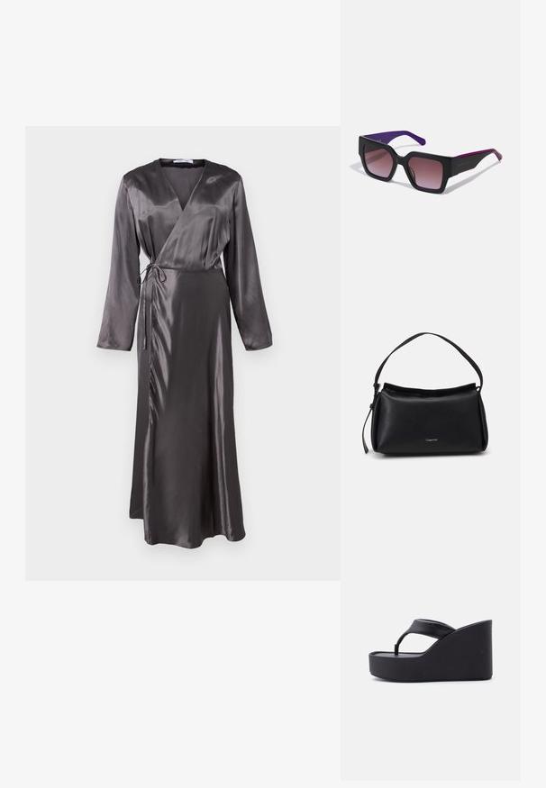 Vestido largo estilo envolvente en satén gris oscuro, con mangas largas, cintura con lazada y un dobladillo ligeramente acampanado para una silueta fluida.; Sandalia negra de cuña con plataforma, con una amplia correa en forma de tira y suela elevada, diseñada para uso casual.; Gafas de sol negras rectangulares con lentes en degradado, brazos morados y bordes elegantes. Presentan un acabado mate y un logotipo sutil en la patilla.; Bolso de mano de cuero negro con una forma curva, una sola correa y un cierre de cremallera en la parte superior. Presenta un logo sutil en la parte delantera para la marca.