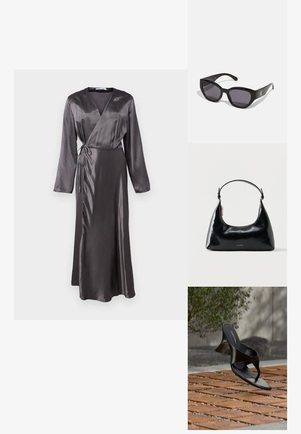 Lange, omsluttende kjole i mørkegrå satin med lange ærmer, bindebånd i taljen og en let udvidet nederdel for en flydende silhuet.; Sort Calvin Klein hæl-sandal med åben tå, der svæver over en udendørs flisebelagt overflade med grønne planter og en betonvæg i baggrunden.; Sorte solbriller med et strømlinet, vinklet design, mørke linser og et kontrasterende sølvlogo på siden. Glat plastoverflade.; Sort blank Calvin Klein håndtaske med gyldent lynlås og kort rem mod en ensfarvet hvid baggrund.