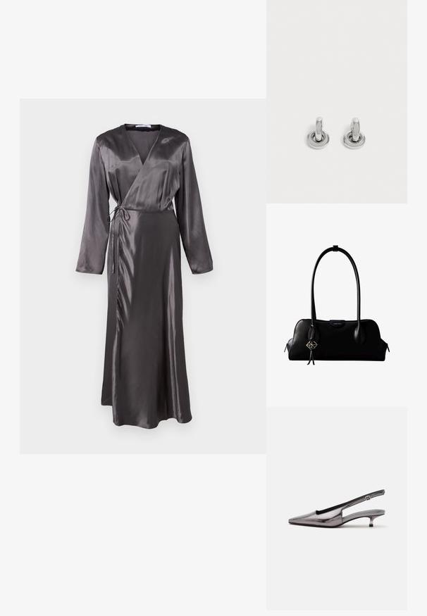 Lange, omsluttende kjole i mørkegrå satin med lange ærmer, bindebånd i taljen og en let udvidet nederdel for en flydende silhuet.; Metalgrå spids slingback-sko med lav kittenhæle og justerbar rem på hvid baggrund.; Sort lædertaske fra Calvin Klein med lange håndtag, en forside-logo-tag og en sølv geometrisk vedhæng, der hænger fra det ene håndtag.; Par små, skinnende sølv hoops med rund base, vist på en ensfarvet lys baggrund.