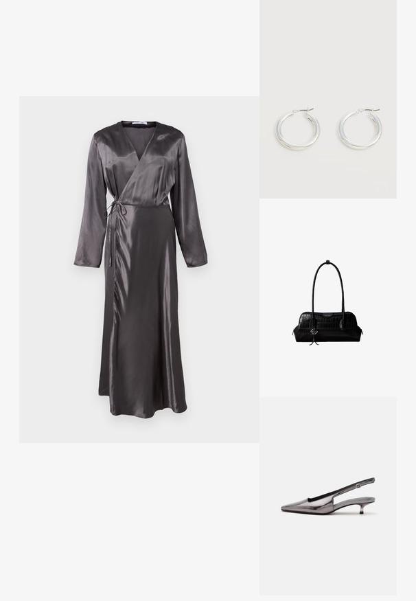 Robe longue style wrap en satin gris foncé, dotée de manches longues, d'une taille à nouer et d'un ourlet légèrement évasé pour une silhouette fluide.; Chaussure slingback gris métallique à bout pointu, petit talon kitten et bride réglable sur fond blanc.; Sac à épaule en cuir noir à texture crocodile, avec de longues sangles et un petit charm logo argenté sur une sangle.; Paire de boucles d'oreilles créoles moyennes argentées brillantes avec de fines attaches métalliques sur un fond clair et neutre.