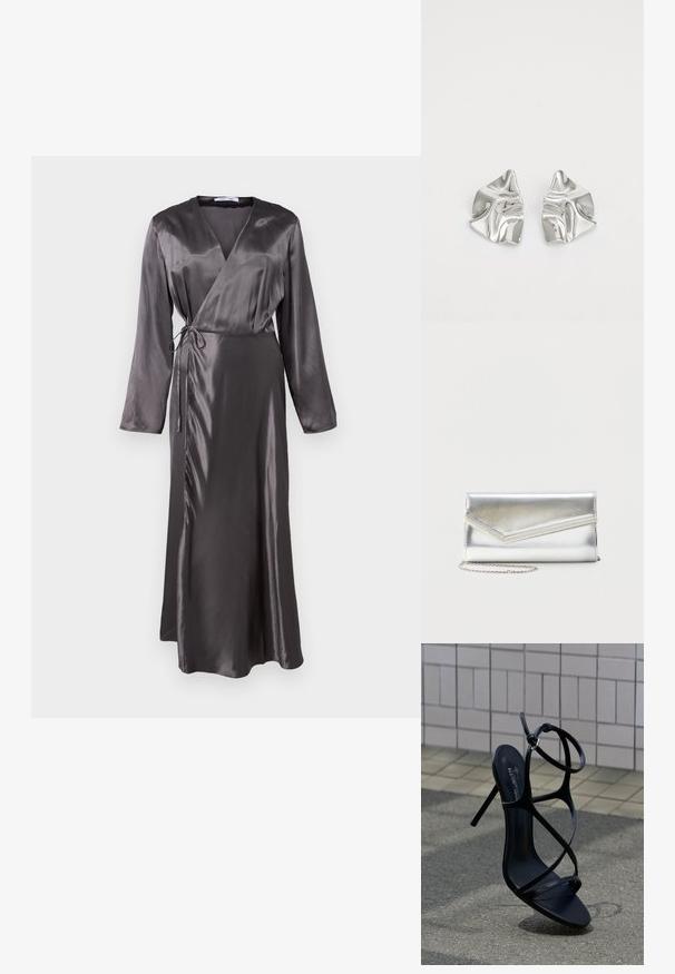 Vestido largo estilo envolvente en satén gris oscuro, con mangas largas, cintura con lazada y un dobladillo ligeramente acampanado para una silueta fluida.; Sandalia negra de tacón alto con finas tiras y hebilla en el tobillo, colocada en posición vertical sobre pavimento gris cerca de una pared de azulejos.; Bolso clutch plateado brillante con solapa de estilo sobre y adorno decorativo, pequeña correa de cadena plateada, sobre fondo liso claro.; Pendientes de metal plateado con un diseño ondulado y escultórico, que presentan un acabado pulido y formas irregulares, destacando una estética contemporánea.