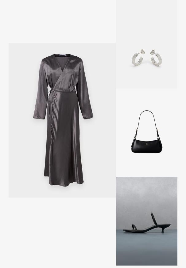Lange, omsluttende kjole i mørkegrå satin med lange ærmer, bindebånd i taljen og en let udvidet nederdel for en flydende silhuet.; Sort Calvin Klein sandal med hæl og tynde stropper, balancerende på træfliser udendørs nær en væg og grønne planter.; Sort læder mini skuldertaske med tynd rem og lille gyldent CK-logo på fronten i midten.; Sølv metal hoop øreringe med et tekstureret design, der har en lille post bagpå og branding på en af øreringene. Rund form med en poleret overflade.