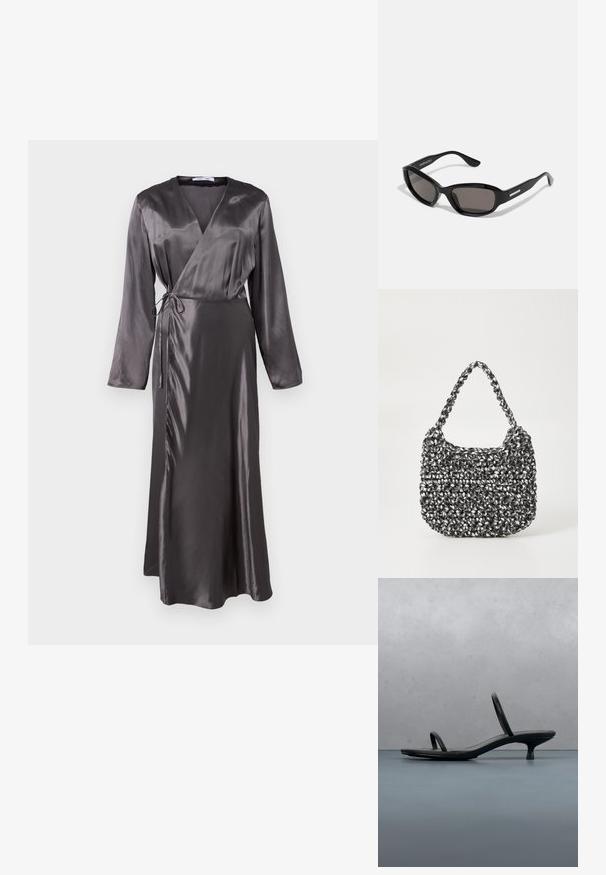 Lange, omsluttende kjole i mørkegrå satin med lange ærmer, bindebånd i taljen og en let udvidet nederdel for en flydende silhuet.; Sort Calvin Klein sandal med hæl og tynde stropper, balancerende på træfliser udendørs nær en væg og grønne planter.; Sorte solbriller med rektangulært stel, mørke linser, glat plastmateriale og en metalaccent på templet.; Vævet håndtaske i sort og hvid med en rund form, tekstureret overflade og et fletet håndtag. Velegnet til afslappet brug.