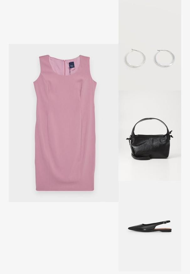 Ærmeløs pink kjole med en glat tekstur, tætsiddende talje og lynlås bagpå. Enkelt design uden mønstre eller udsmykninger.; Sorte læder slingback sko med spidse tæer, subtil glans og justerbar ankelrem. Flad hæl med en brun indersål.; Sort læderhåndtaske med et struktureret design, rund tophåndtag og aftagelig skulderrem. Den har en glat tekstur og en subtil glans.; Sølvfarvede metaloorringe med glat, let buet overflade og låsemekanisme på en ensfarvet hvid baggrund.