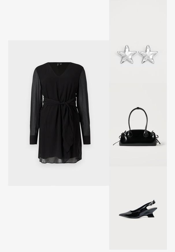 Zwart lange mouw jurk met V-hals, doorschijnende mouwen en een tailleband, gepresenteerd op een plain witte achtergrond.; Zwarte lakleren slingback schoen met spitse neus en lage schuine blokhak op een effen lichte achtergrond.; Kleine zwarte glanzende handtas met twee lange hengsels en zijkant trekkoord details op een effen lichte achtergrond.; Zilveren stervormige oorbellen met een gepolijste, glanzende afwerking. Elke oorbel heeft vijf punten en subtiele textuurdetails op het oppervlak.