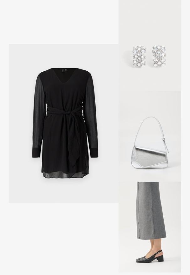 Zwart lange mouw jurk met V-hals, doorschijnende mouwen en een tailleband, gepresenteerd op een plain witte achtergrond.; Zwarte leren slingback schoenen met een puntige neus, blokhak en een contrasterend roze hielaccent. Gladde textuur met een minimalistisch ontwerp.; Zilveren metalen handtas met een driehoekige vorm, gladde textuur en een dunne, verstelbare schouderriem. Kenmerkt zich door een omklapbaar ontwerp met stiksels.; Paar zilverkleurige oorbellen met meerdere geslepen heldere kristallen in een geometrisch patroon gerangschikt.