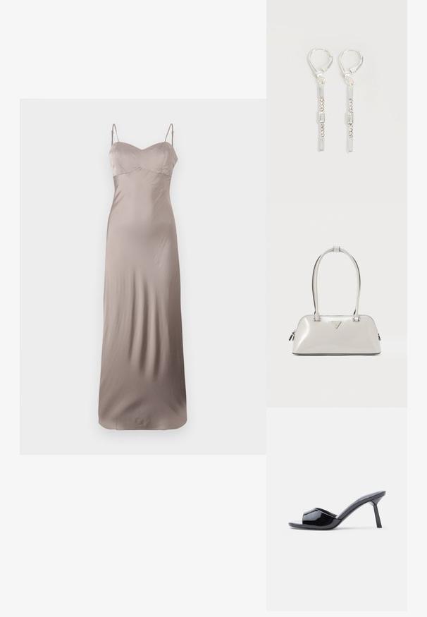 Satin slip kjole i lys taupe, med en tætsiddende bodice og tynde justerbare stropper. Gulvlængde med en glat, skinnende struktur.; Sorte laklæder sandaletter med åben tå, der har et buet overdesign og en spids stilethæl. Glat, blank finish.; Skinnende lysegrå håndtaske med rund form, dobbelthåndtag og et trekantet logo. Har lynlåslukning og metalaccenter.; Sølv hængende øreringe med rektangulære og runde klare krystaller i en lodret linje, fastgjort med låsebeslag.