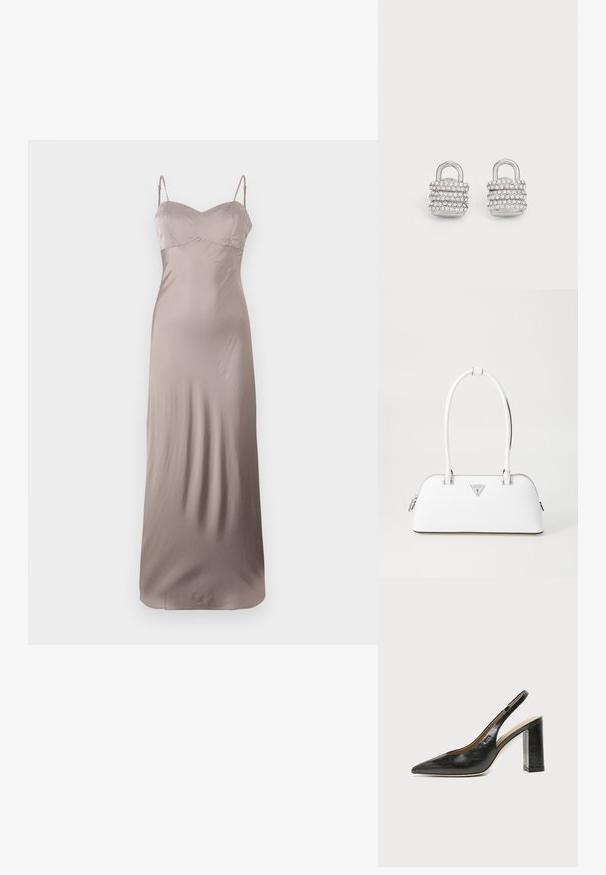 Satin slip kjole i lys taupe, med en tætsiddende bodice og tynde justerbare stropper. Gulvlængde med en glat, skinnende struktur.; Sort læder peep-toe slingback sko med blokhæl og et lille logo på siden, sat mod en enkel hvid baggrund.; Hvid lædertaske med en buet form, der har et sølvtrapezlogo og lynlåslukning. Glat tekstur og dobbelthåndtag.; Sølvøreringe formet som hængelåse, prydet med flere klare rhinsten, med en glat, skinnende tekstur og en simpel løkke til fastgørelse.