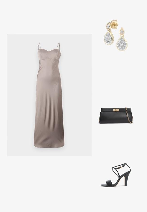 Satin slip kjole i lys taupe, med en tætsiddende bodice og tynde justerbare stropper. Gulvlængde med en glat, skinnende struktur.; Sort højhælet sandal med tynd ankelrem, guldlås, åben tå og blokhæl, vist fra siden på en hvid baggrund.; Sort læderclutch med lås i guldmetal og en matchende guld kæderem til skulderen.; Dråbeøreringe med en guldramme og sølvdetaljer, prydet med flere små, runde glitrende sten i et dekorativt mønster.