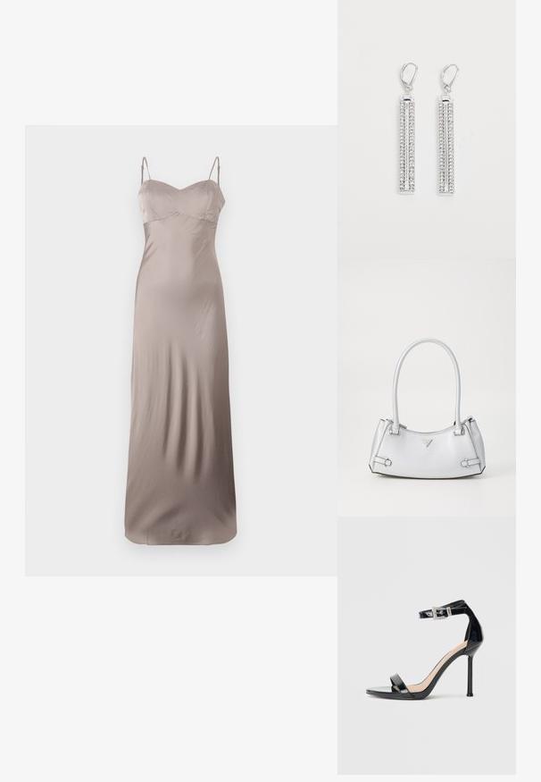 Vestido de satén en taupe claro, con un corsé ajustado y finas tirantes ajustables. Largo hasta el suelo y con una textura lisa y brillante.; Sandalia de tacón alto en piel sintética negra con correa en el tobillo. Presenta un diseño minimalista, punta abierta y una hebilla con detalles de pedrería.; Bolso de mano plateado con un diseño estructurado, que cuenta con dos asas, textura brillante, herrajes de acento y un logo triangular en la parte frontal.; Pendientes de plata con dos barras alargadas, cada una decorada con pequeños rhinestones claros en un patrón lineal. Cierre de presión.