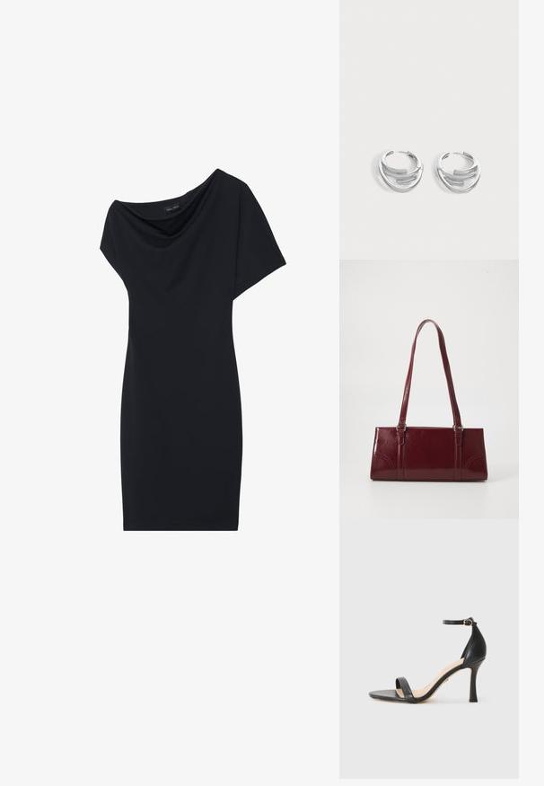 Robe noire avec un col drapé, des manches courtes et une silhouette ajustée. Fabriquée en tissu lisse, avec un design minimaliste.; Sandale à talons hauts en cuir noir avec une fine bride de cheville, bout ouvert et un talon élégant et courbé. Semelle texturée et design minimaliste.; Sac à main bordeaux en matériau brillant, de forme rectangulaire, avec deux anses et des accents légèrement courbés à l'avant.; Paire de boucles d'oreilles anneaux en argent poli avec un design de barre incurvée superposée sur un fond clair uni.