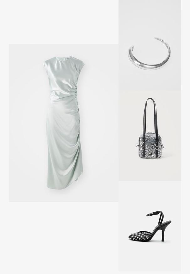 Satin midi kjole i lys grøn, med korte ærmer, rund halsudskæring, sidefoldedetaljer og en tætsiddende silhuet.; Sort højhælet sko med ankestrop, spids tå og forside dekoreret med sølvnitter på en gennemsigtig mesh-bund.; Firkantet sort håndtaske dækket af sølvnitter med to lange sorte læderstropper og sølvspænder.; Sølvmetal cuff armbånd med en poleret finish, der har et glat, afrundet design og åbne ender for justerbar pasform.
