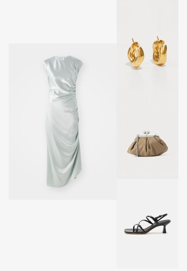 Satin midi kjole i lys grøn, med korte ærmer, rund halsudskæring, sidefoldedetaljer og en tætsiddende silhuet.; Sorte lakerede sandaler med stropper, kvadratisk tå og en lav blokhæl. Udstyret med guldfarvet hardware og justerbare ankelremme.; Læderclutch i blød beige med afrundet form, plisseret tekstur, sølvfarvet kiss-lock lukning og aftagelig kæderem.; Chunky guld hoop øreringe med et let snoet, rørformet design og postsystem bagpå, på en hvid baggrund.