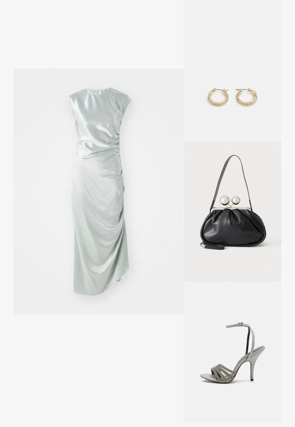 Satin midi kjole i lys grøn, med korte ærmer, rund halsudskæring, sidefoldedetaljer og en tætsiddende silhuet.; Grå højhælede sandaler med en glat overflade, udstyret med fem parallelle remme prydet med små dekorative sten og et smalt ankelrem.; Sort læderhåndtaske med opsamlet design, en enkelt rem, sølv metalramme og to store runde sølv lukninger.; Guldøreringe i hoop-stil med en glat, poleret overflade og en række cirkulære klare krystaller langs kanten. Klassisk cirkulært design.