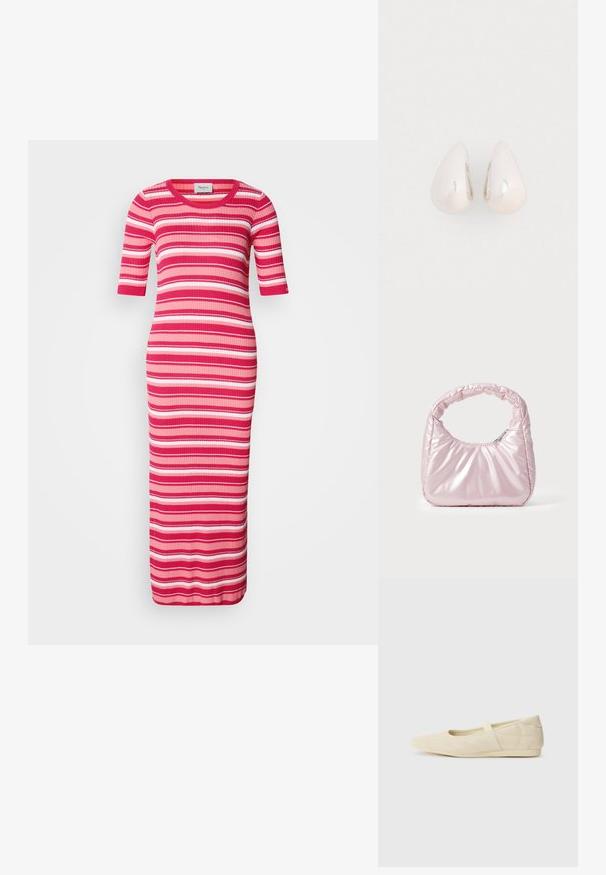 Robe maxi en maille côtelée à manches courtes, avec des rayures horizontales roses, rouges et blanches. Encolure arrondie et silhouette ajustée.; Ballerines beiges avec une exterior en cuir lisse, un bout en forme d'amande et une sangle élastique sur le coup de pied, avec des détails de couture subtils.; Sac à main rose rembourré avec un design arrondi, fabriqué à partir d'un matériau brillant. Dispose d'une poignée froncée et d'une fermeture éclair pour un accès sécurisé.; Boucles d'oreilles en métal argenté en forme de goutte, avec une surface lisse et réfléchissante, présentant un design sans couture et sans embellissements visibles.