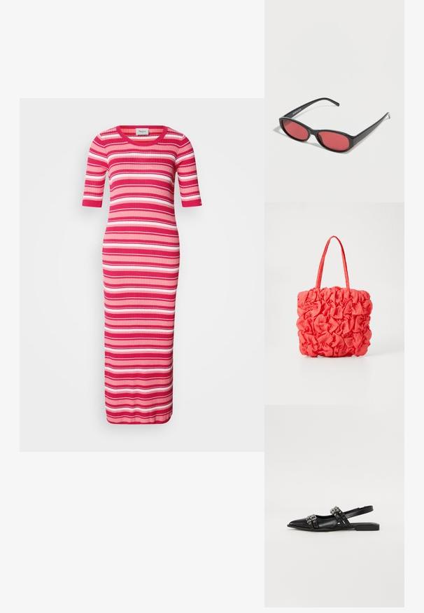 Robe maxi en maille côtelée à manches courtes, avec des rayures horizontales roses, rouges et blanches. Encolure arrondie et silhouette ajustée.; Even&Odd by Zalando Ballerines à brides arrière - black; Lunettes de soleil ovales noires avec des branches fines et des verres teintés rouges posées sur une surface blanche.; Sac fourre-tout corail avec un design texturé et froncé. Fabriqué en tissu doux, il dispose de deux poignées robustes et d'un intérieur spacieux.
