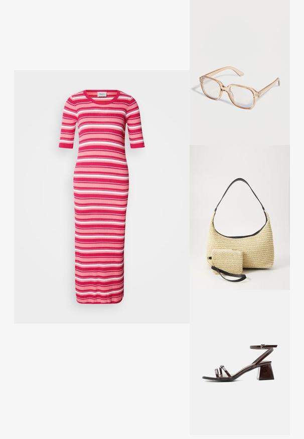 Robe maxi en maille côtelée à manches courtes, avec des rayures horizontales roses, rouges et blanches. Encolure arrondie et silhouette ajustée.; Sandale en cuir verni marron foncé avec talon bloc, bride à la cheville avec boucle et deux fines lanières sur les orteils sur fond blanc.; Monture de lunettes rectangulaire translucide brun clair avec verres transparents présentée sur un fond blanc.; Sac à main en paille tissée avec une silhouette courbée, doté d'une bandoulière en cuir noir lisse et d'une petite pochette assortie attachée par une sangle pour le poignet.