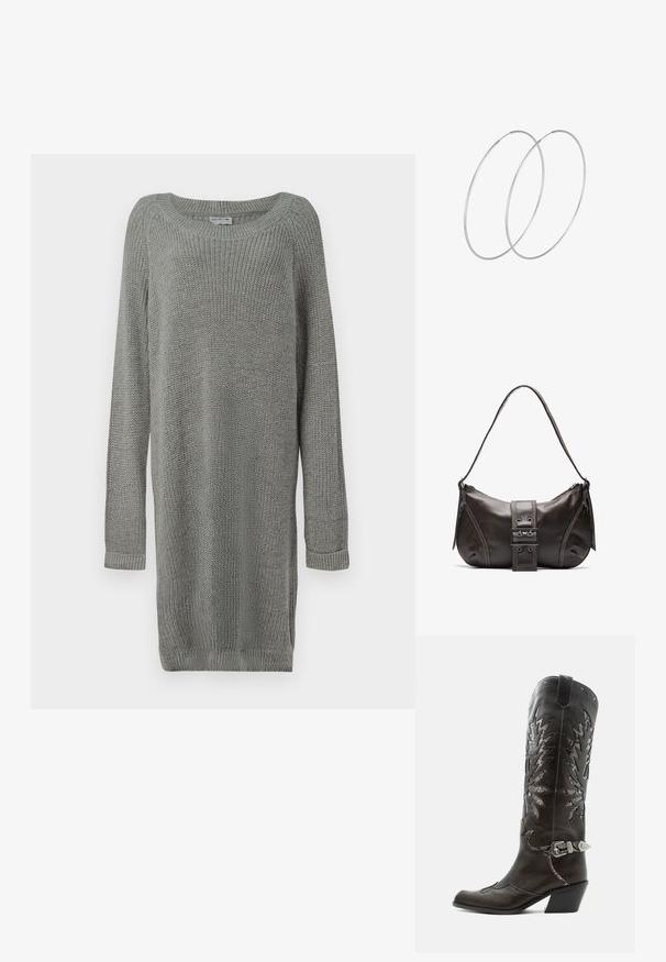 Sivý pletený sveter-dress s dlhými rukávmi, rebrovanými manžetami, okrúhlym výstrihom a bočnými rozparkami pre ľahký pohyb. Textúrovaná látka.; Čierna kožená kovbojská čižma s dekoratívnymi výrezmi, striebornou prackou a šikmým podpätkom, zobrazovaná na bielom pozadí.; Hnedá kožená taška cez plece s zakriveným tvarom, s výrazným detailom sponky, kontrastným prešívaním a jedným popruhom na plece.; Strieborné kruhové náušnice s minimalistickým dizajnom. Cirkulárny tvar, hladký povrch a tenký profil. Ľahké s lesklým povrchom.