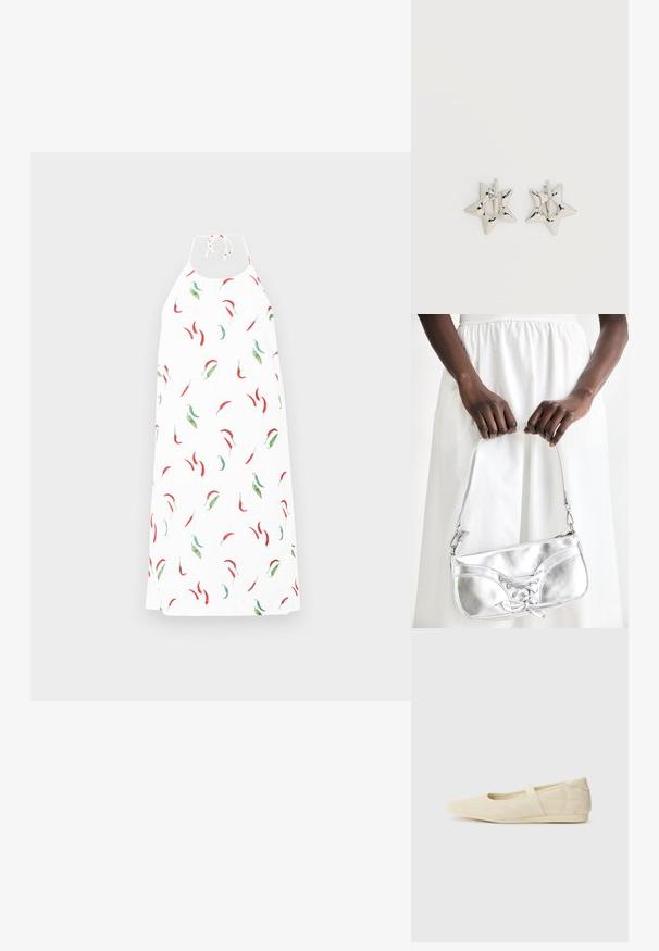 Halterneck kjole med hvidt stof dekoreret med et spredt chili-peber mønster i rød og grøn. Glat tekstur, afslappet pasform.; Lysebrune ballet flats med en glat læderoverflade, mandelformet tå og elastisk rem over vristen, med diskrete syninger.; Sølvmetallic håndtaske med snøredetaljer, der har et slankt design og en kort strop. Tasken holdes i hænderne for at fremvise dens tekstur.; Sølv stjerneformede øreringe med en glat, poleret finish på en ensfarvet hvid baggrund.