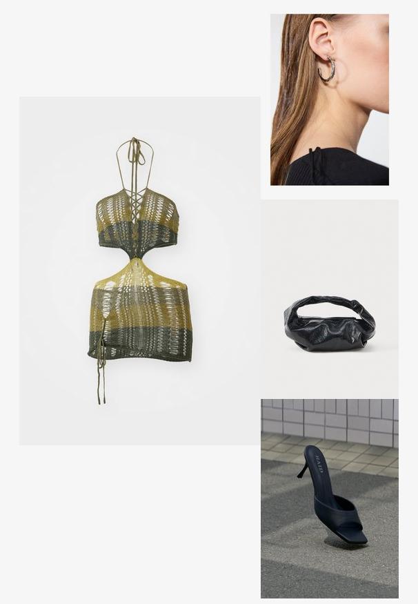 Top corto de punto en verde oliva y amarillo, con escote en V, espalda descubierta y cierres de lazo trenzados. Hecho de hilo liviano con un diseño texturizado.; Zapato mule negro de tacón alto con puntera abierta y marca "RAID" en la plantilla, colocado sobre pavimento gris cerca de una pared alicatada.; Bolso negro hecho de un material brillante y texturizado con un asa circular retorcida y un cierre de cremallera. Presenta un diseño suave y arrugado.; Pendiente de aro de plata con un acabado pulido, que presenta pequeños detalles en dorado y una forma redonda, llevado en el lóbulo.