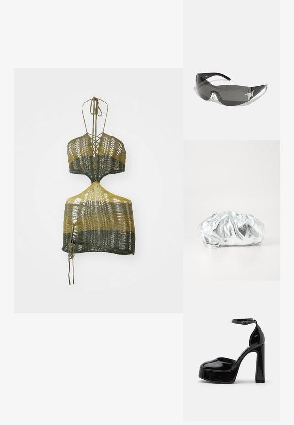 Top corto de punto en verde oliva y amarillo, con escote en V, espalda descubierta y cierres de lazo trenzados. Hecho de hilo liviano con un diseño texturizado.; Zapatos de tacón de charol negro con plataforma y correa al tobillo, punta redondeada y tacón cuadrado, que muestran una textura lisa y brillante.; Gafas de sol negras con diseño envolvente, lentes oscuros, acentos brillantes en forma de estrella y almohadillas nasales ajustables.; Bolso de mano plateado metálico con un cuerpo suave y fruncido y una correa de hombro delgada. Presenta una textura suave y brillante y una forma redondeada.