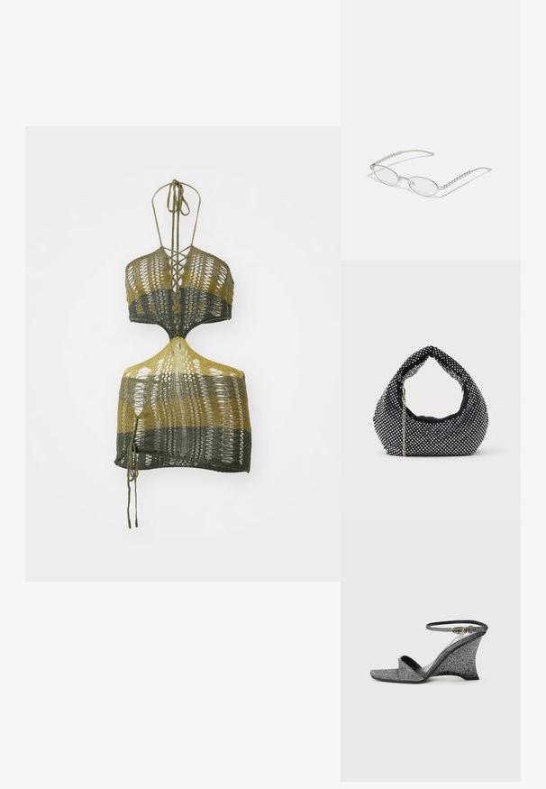 Top corto de punto en verde oliva y amarillo, con escote en V, espalda descubierta y cierres de lazo trenzados. Hecho de hilo liviano con un diseño texturizado.; Sandalia de cuña con brillo plateado, puntera abierta, hebilla dorada en el tobillo, vista lateral sobre fondo claro liso.; Gafas ovaladas con un marco metálico plateado, lentes transparentes y acentos de templos con textura de cuentas. Diseño ligero con brazos curvados.; Bolso de malla negra adornado con tachuelas plateadas, con un asa curvada y una correa de cadena. Textura suave con forma redondeada.